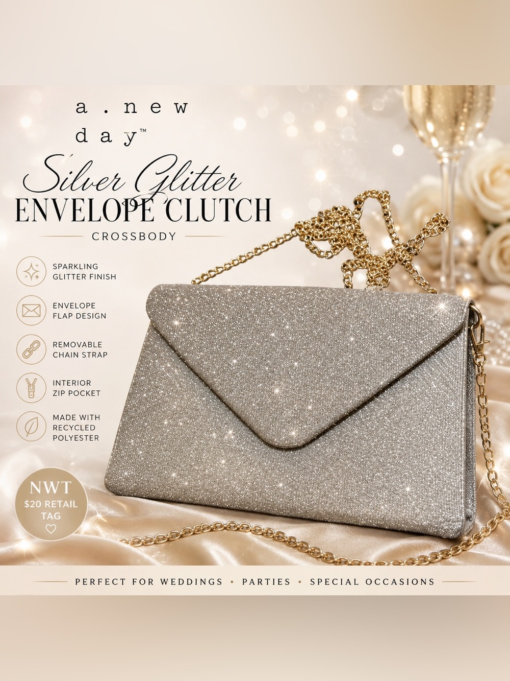 A New Day Silver Glitter Envelope Clutch Crossbody Evening Bag NWT
